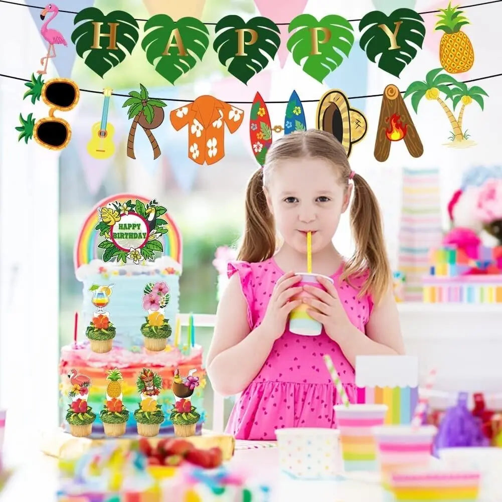 Hawaii Party Decoration Set 36 Pieces Hawaii Cupcake Topper Palm Leaves Balloons Unbranded