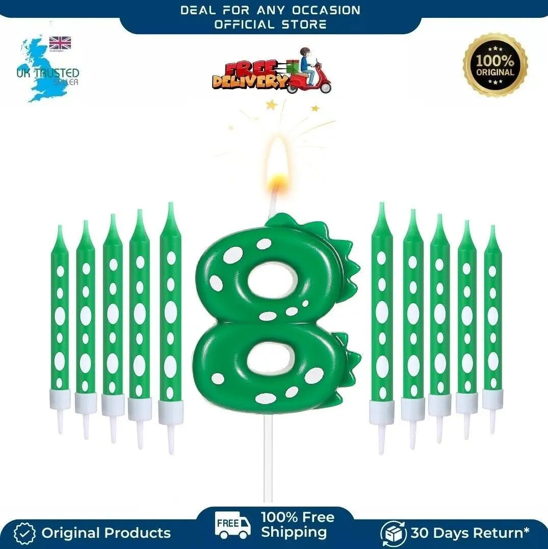 Dinosaur Green Birthday Candles Numeral 8 Candle with 10Pcs Long Tall Candles Deal For Any Occasion