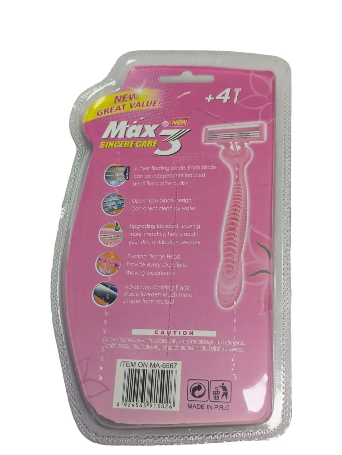 Max 3 Sincere Care Ladies Razors Pack Of 4 Pink Unbranded