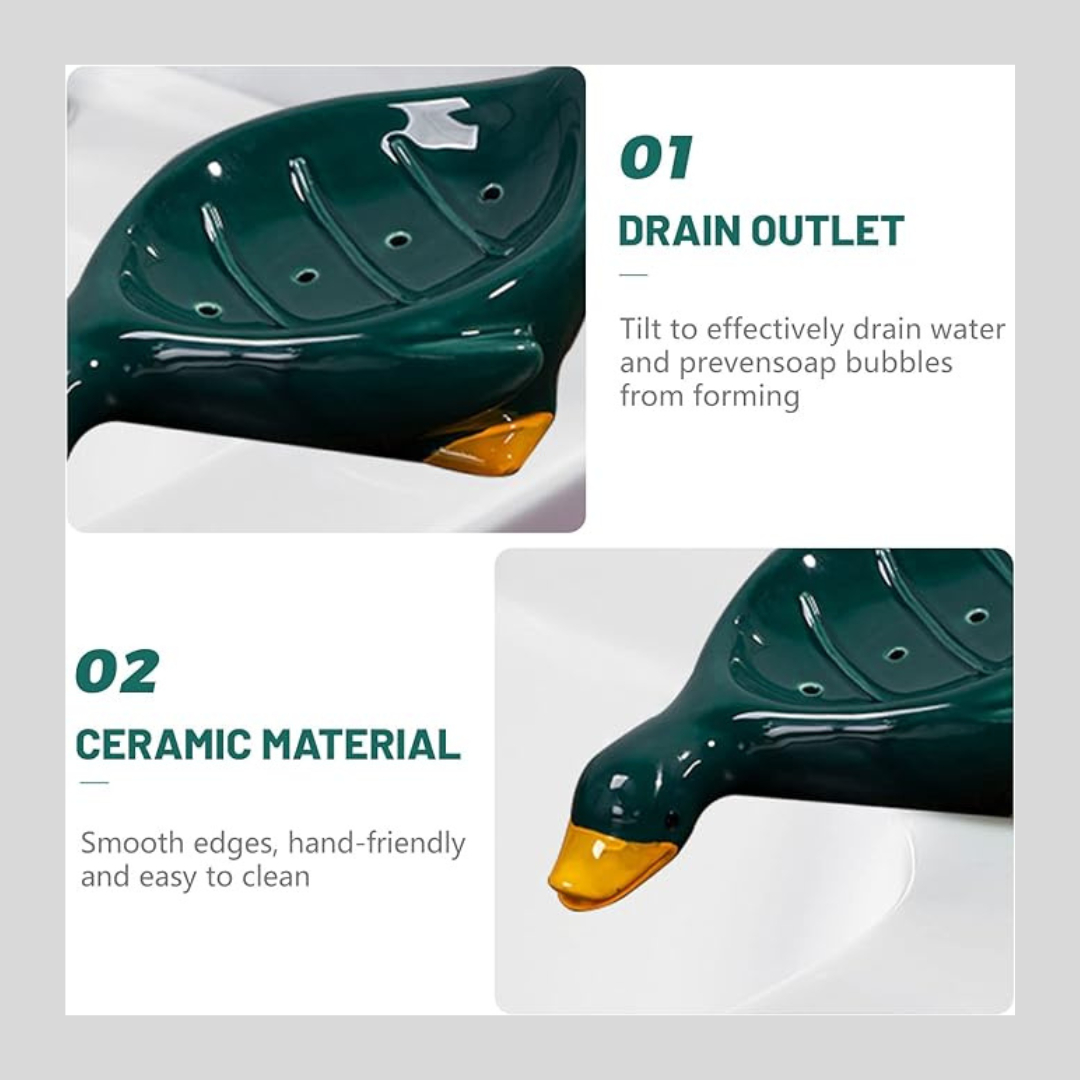 2PCS Ceramic Soap Dishes Cute Duck Soap Holder with Self-Drainage White & Green