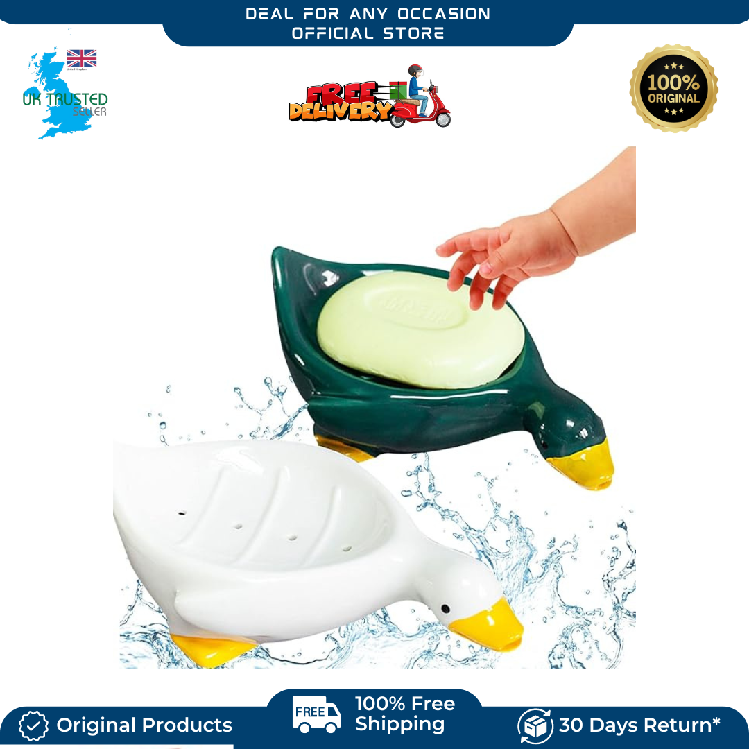 2PCS Ceramic Soap Dishes Cute Duck Soap Holder with Self-Drainage White & Green