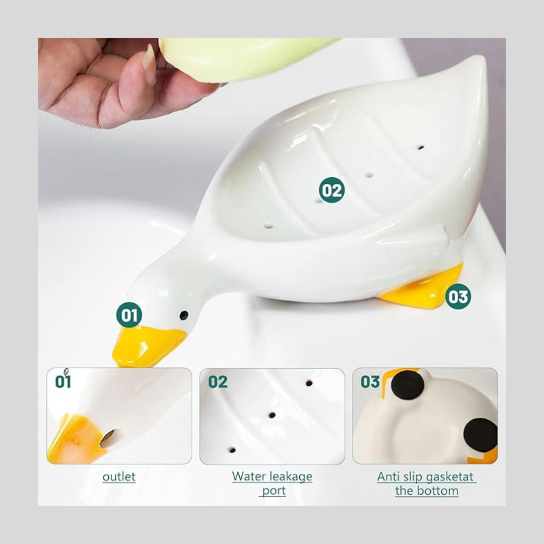 2PCS Ceramic Soap Dishes Cute Duck Soap Holder with Self-Drainage White & Green