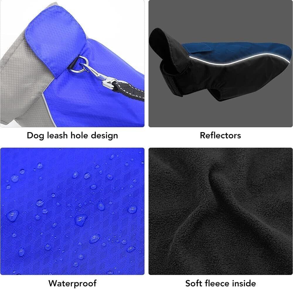 Waterproof Dog Raincoat Fleece Lining Warm Vest Jacket Dogs Blue Size XL