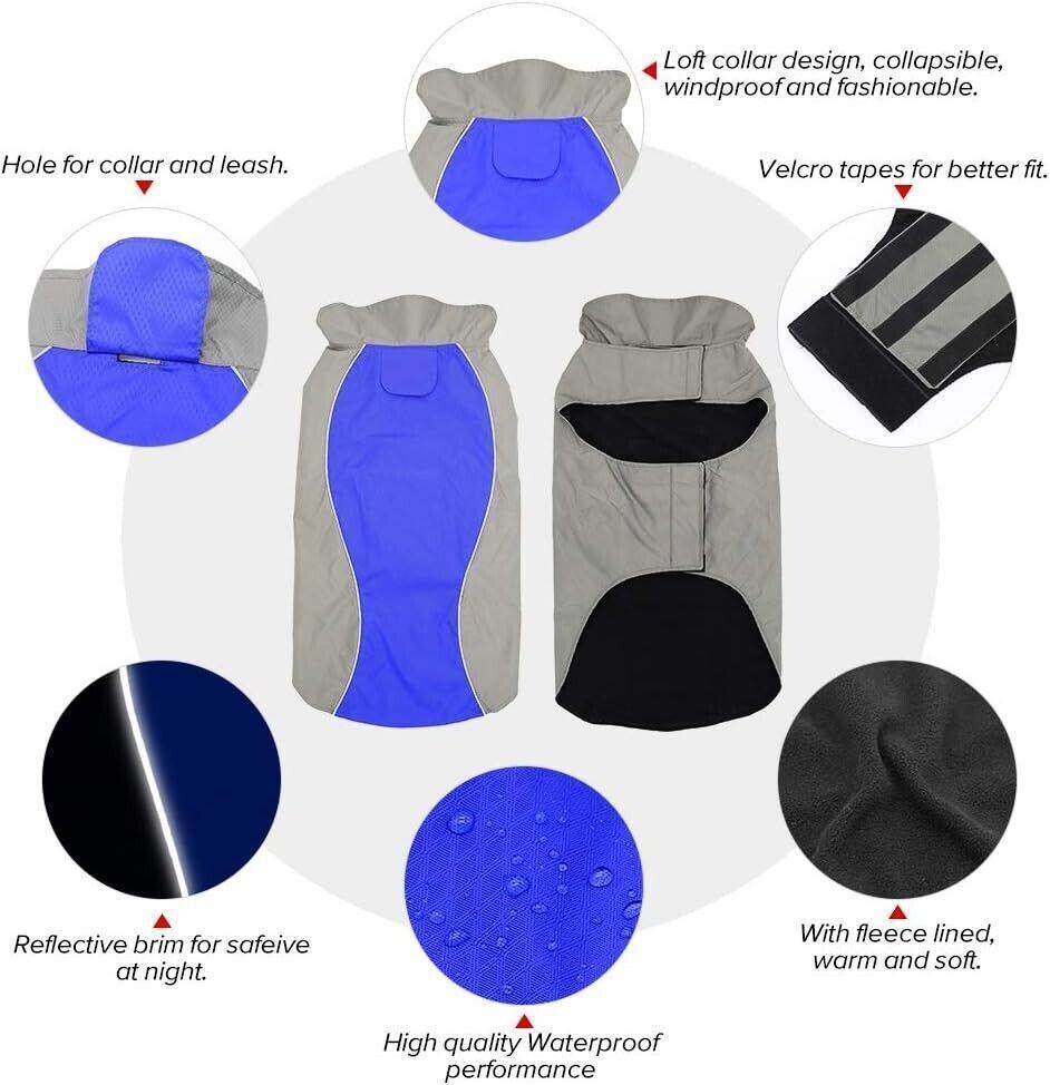 Waterproof Dog Raincoat Fleece Lining Warm Vest Jacket Dogs Blue Size XL