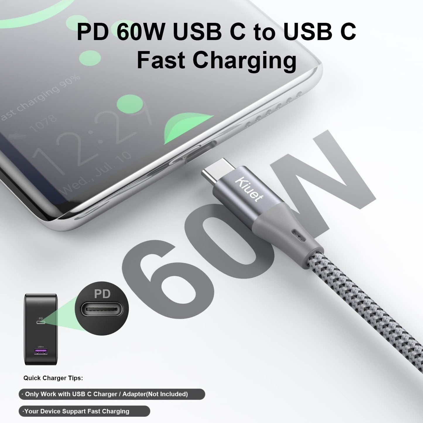 USB C to USB C Charging Cable 1.8M 60W Type C Fast Charging Cable for Phones