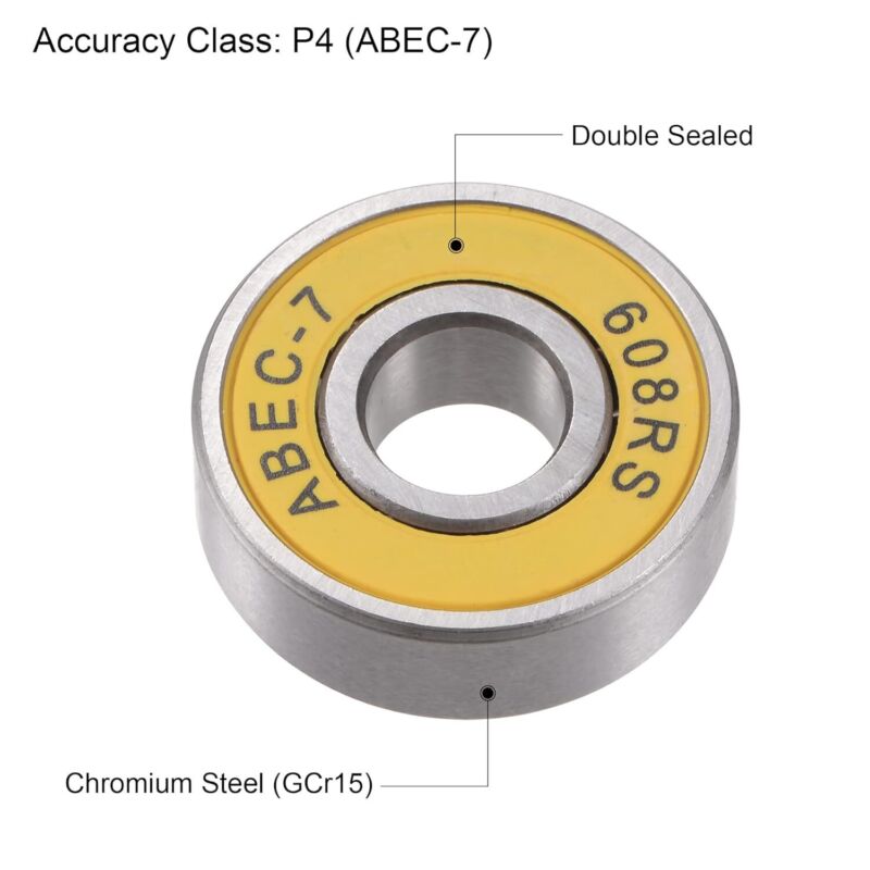 608-2RS Ball Bearings ABEC-7 Yellow for Skateboard Inline Roller Skates 12Pcs