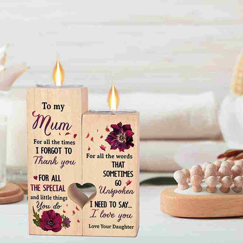 Wooden Candle Holders Mum Gift Anniversary Birthday Heart Shaped Candlestick