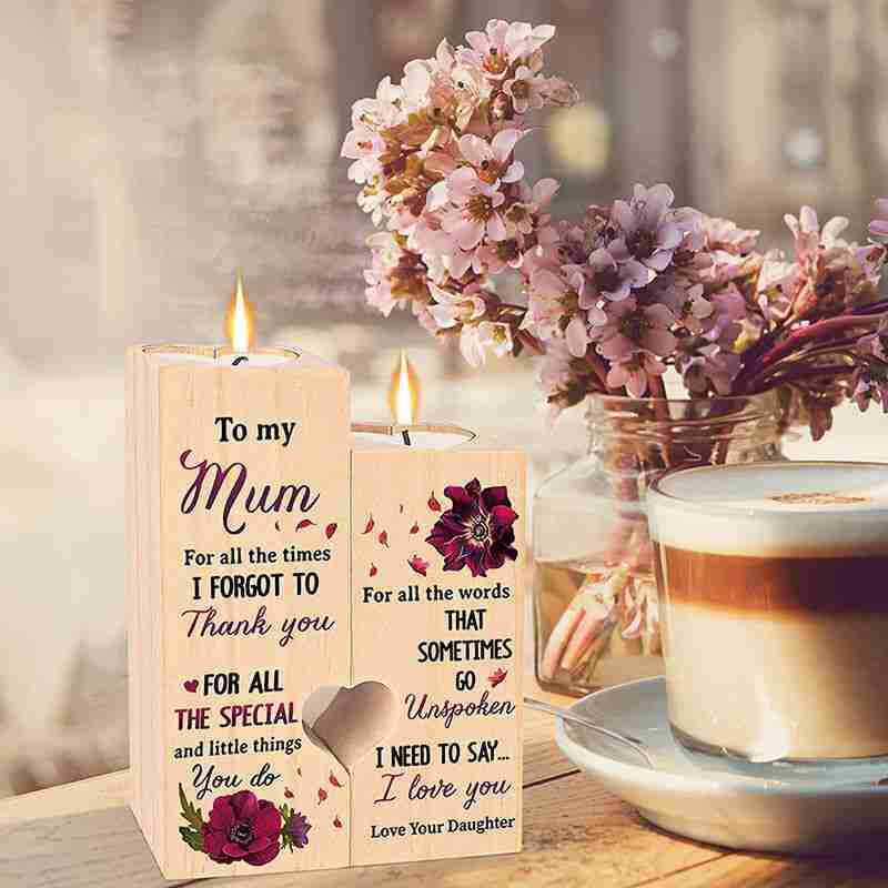 Wooden Candle Holders Mum Gift Anniversary Birthday Heart Shaped Candlestick
