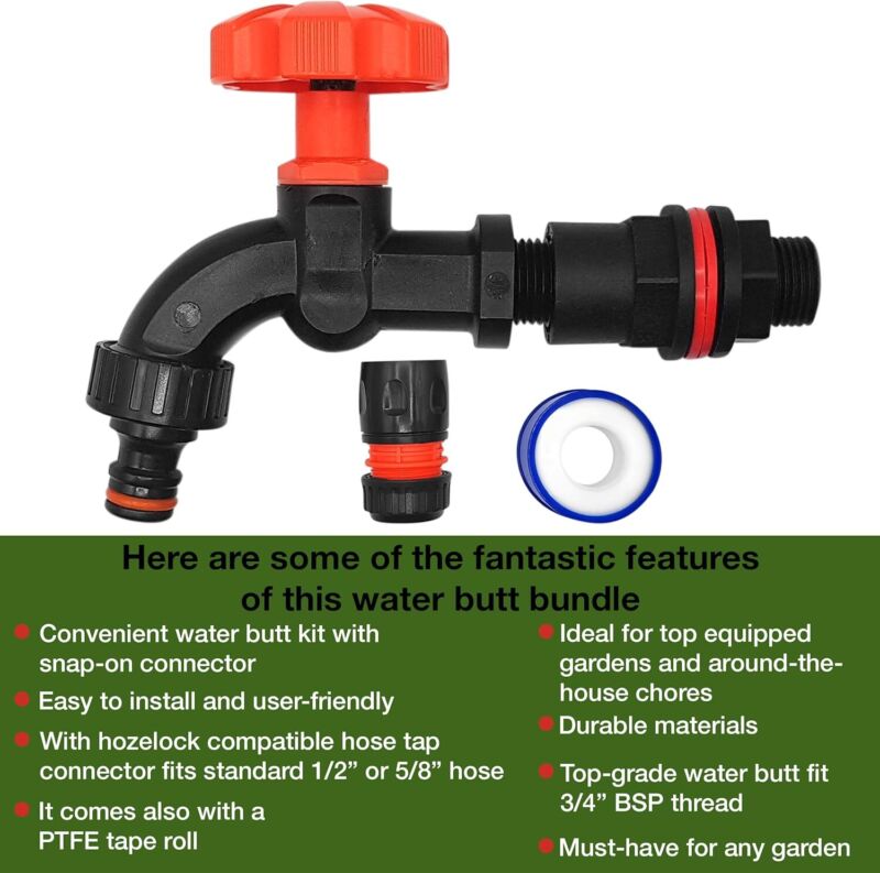 Water Butts Kit 3/4'' Bsp Tap Standard Click Lock Hose Connector PTFE Tape Roll