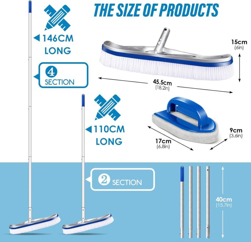 Swimming Pool Cleaning Kit Adjustable Brush Set Sponge 18'' for Walls Tiles Floor