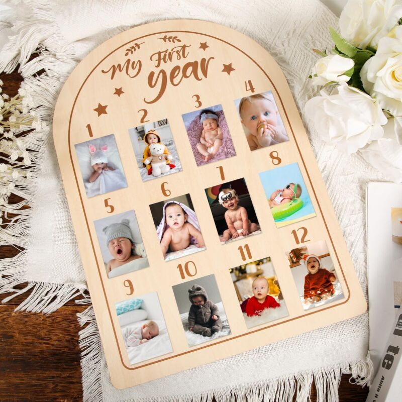 Baby Picture Frame My First Year Photo Display Wood Board Newborn Baby Photo