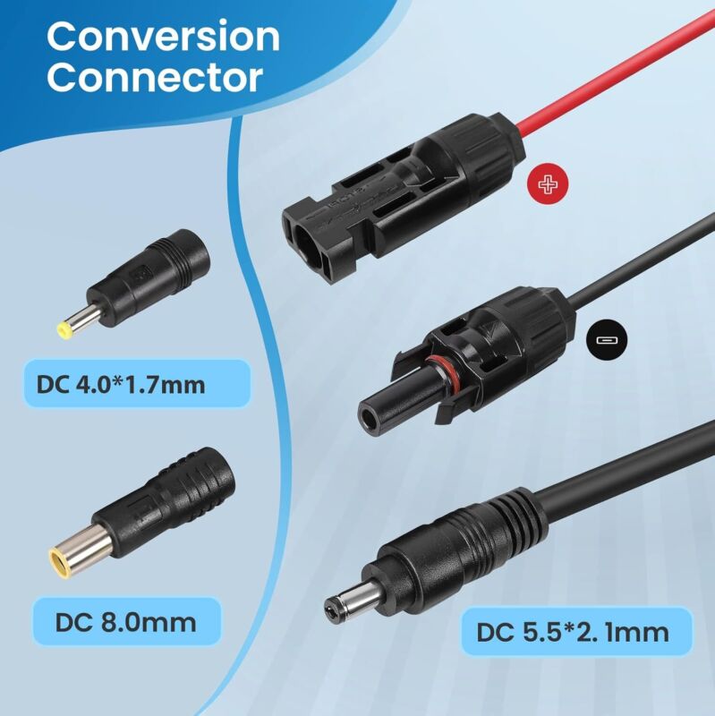 Solar Panel Connector to DC 8mm Adapter 16AWG Extension Cable with DC