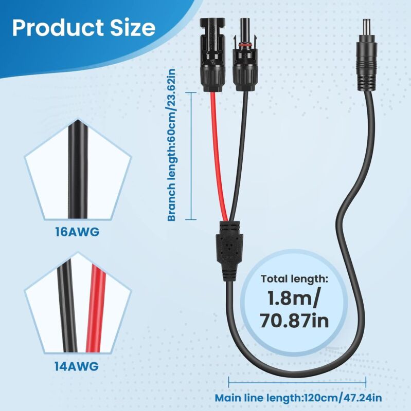 Solar Panel Connector to DC 8mm Adapter 16AWG Extension Cable with DC