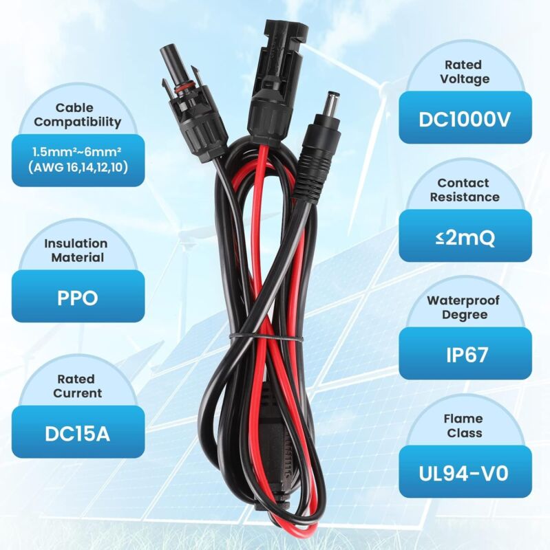 Solar Panel Connector to DC 8mm Adapter 16AWG Extension Cable with DC