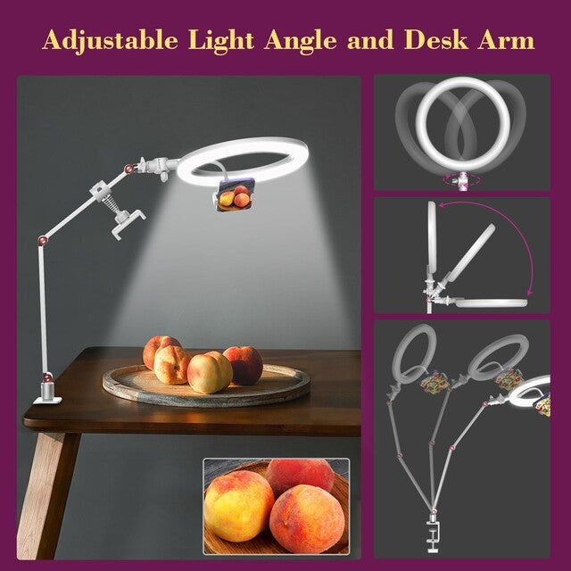 10'' Ring Light with Phone Holder Desk Stand Overhead Tripod for Makeup Video