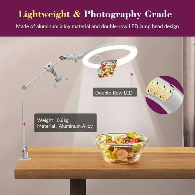 10'' Ring Light with Phone Holder Desk Stand Overhead Tripod for Makeup Video