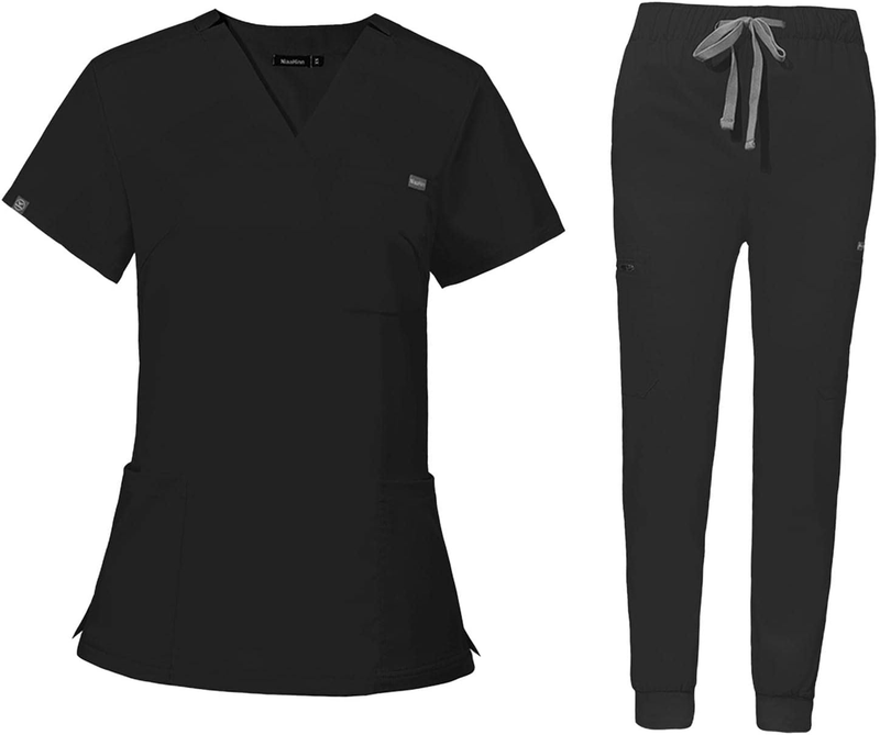 Womens Scrub Set Nursing Uniform V-Neck Top & Pants for Work SPA Groomer Small