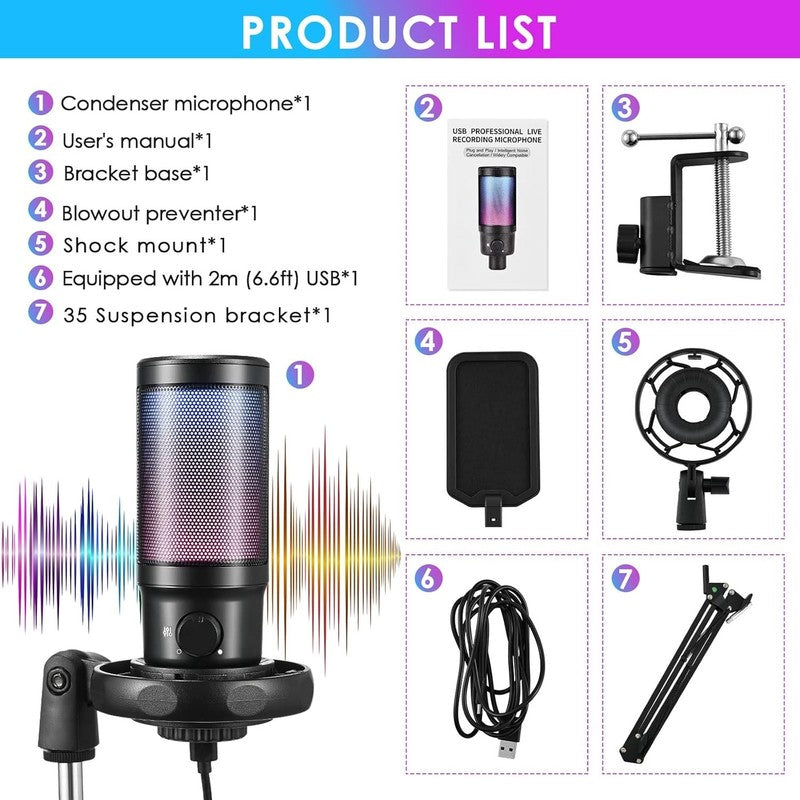USB Gaming Microphone PC Cardioid Condenser Mic Kit RGB Boom Arm Mute Streaming