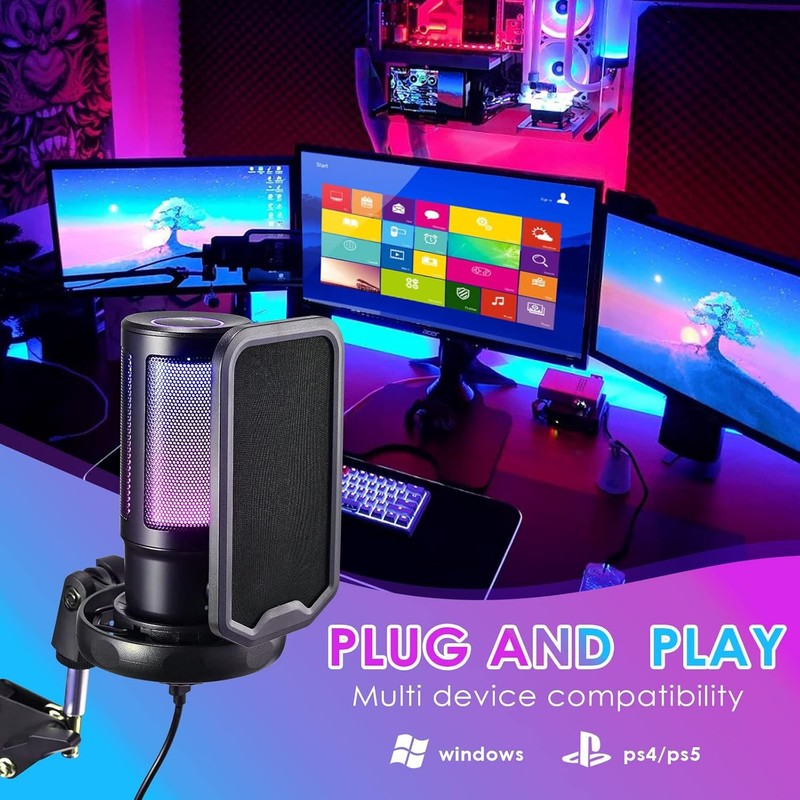 USB Gaming Microphone PC Cardioid Condenser Mic Kit RGB Boom Arm Mute Streaming
