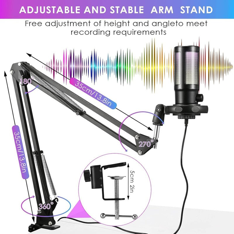 USB Gaming Microphone PC Cardioid Condenser Mic Kit RGB Boom Arm Mute Streaming