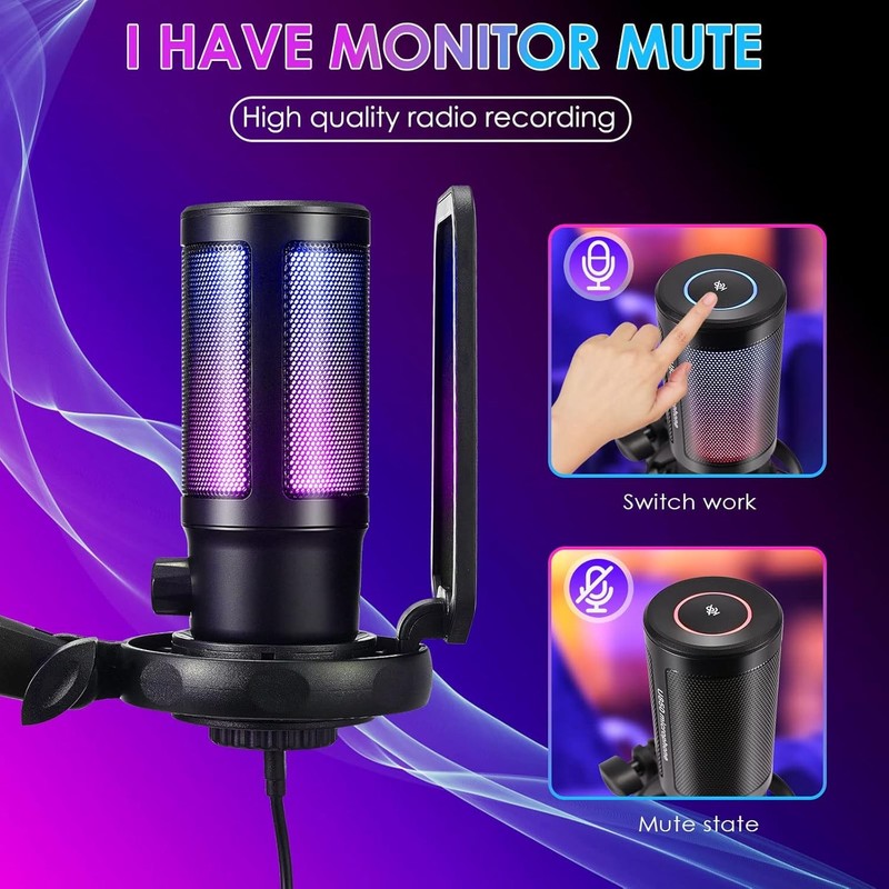 USB Gaming Microphone PC Cardioid Condenser Mic Kit RGB Boom Arm Mute Streaming
