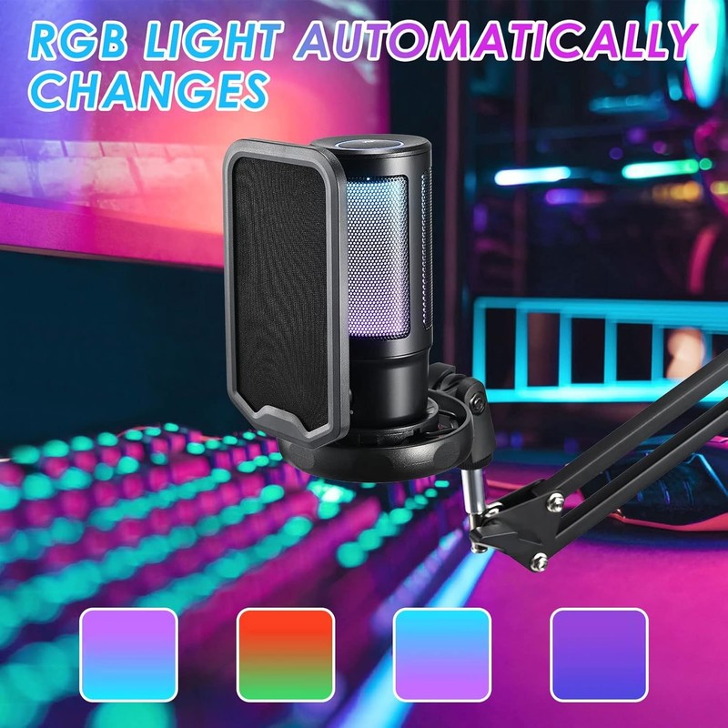 USB Gaming Microphone PC Cardioid Condenser Mic Kit RGB Boom Arm Mute Streaming