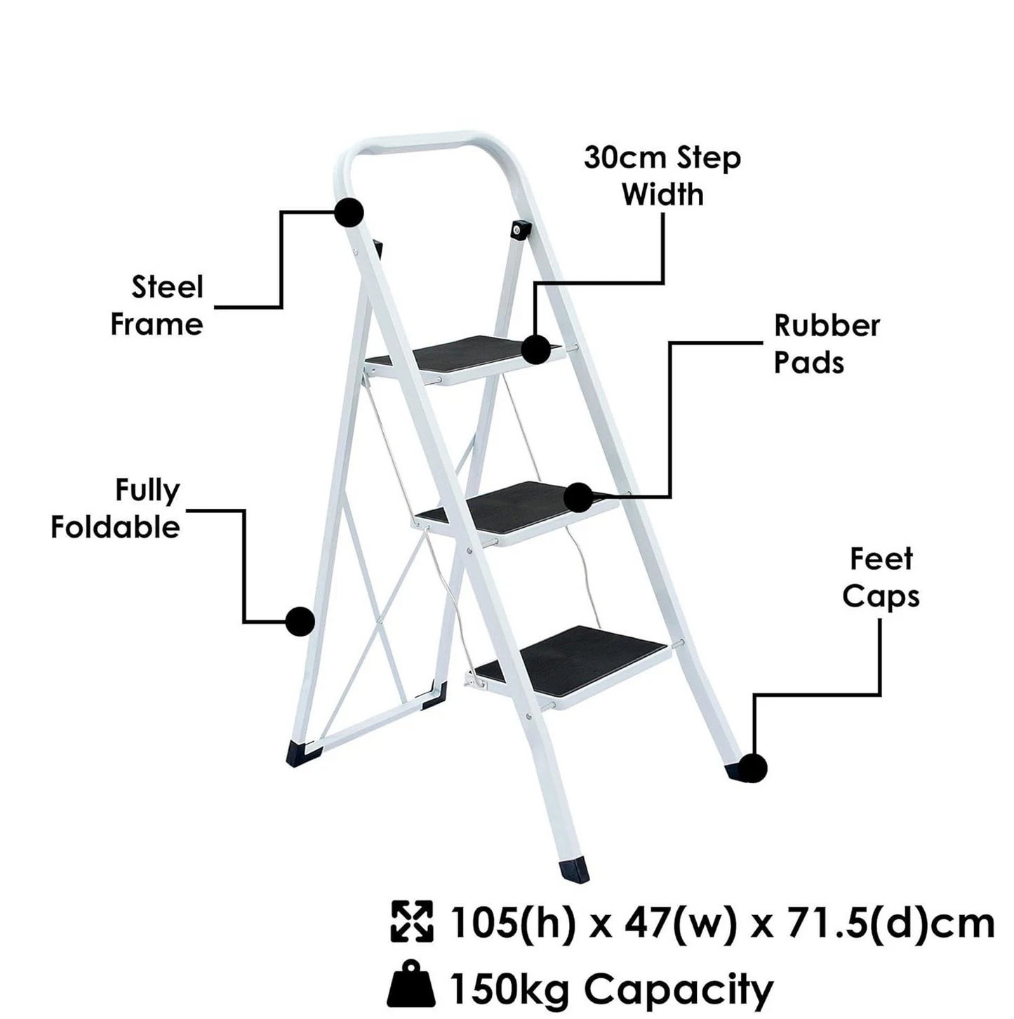 Foldable 3 Step Ladder Safety Steel Non Slip Tread Lightweight Folding Stool