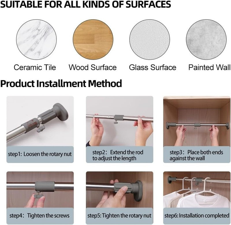 Extendable Curtain Rod No Drill Tension Rail Stainless Steel Grey 40-60Cm Pole Unbranded