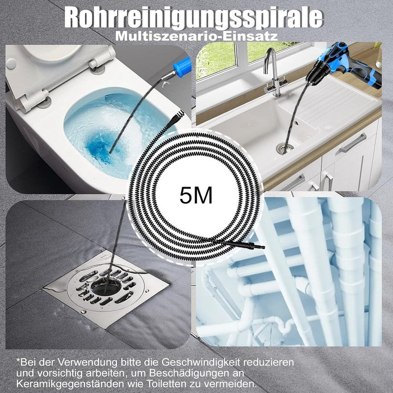 Drain Snake 8mm 5M Pipe Cleaning Spiral Auger Sink Bath Shower Blockage Tool Kit Unbranded