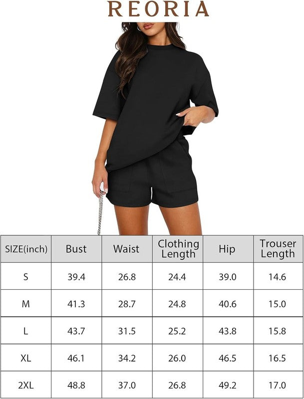 Womens Cotton Shorts Set Short Sleeve T Shirt Two Piece Lounge Casual Outfit S