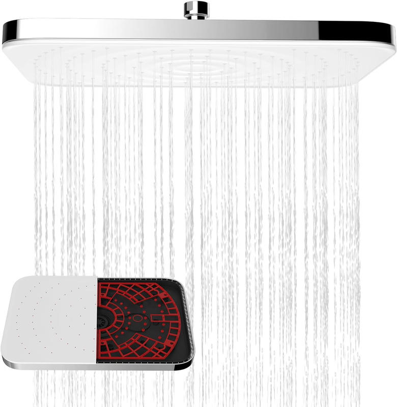 Self Cleaning Rainfall Shower Head 12x8 Inch White Panel 360 Swivel High Flow
