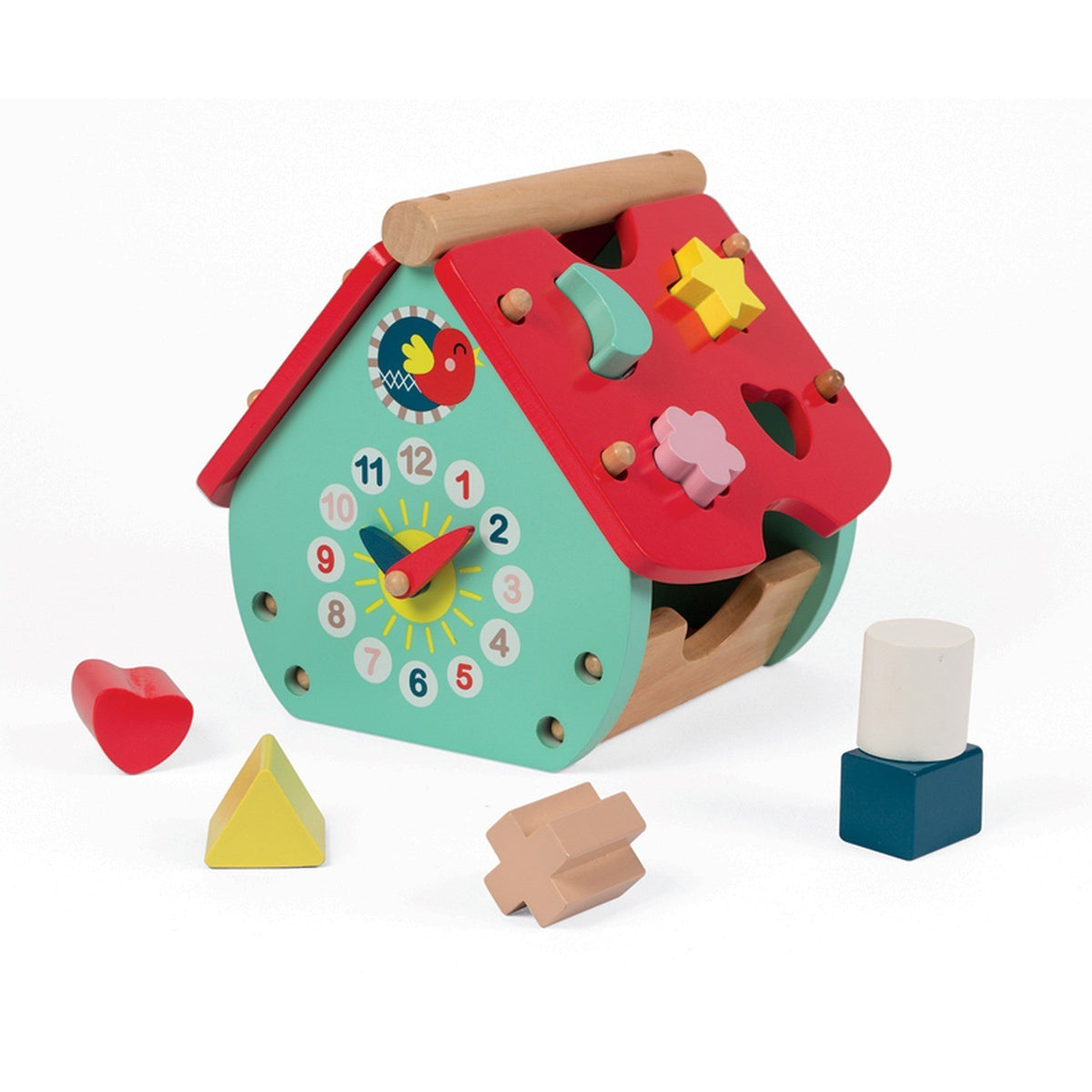 Janod Baby Forest House Shape Sorter Wooden Toy 8 Blocks Clock Dial Toddler 18m+