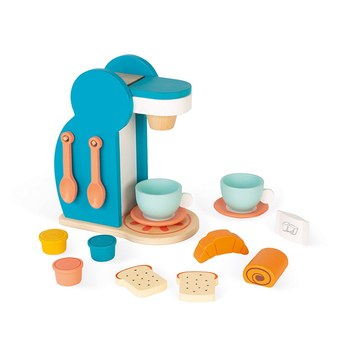 Wooden Breakfast Set Janod Toy Coffee Maker 14 Accessories Cups Pastries Ages 3+