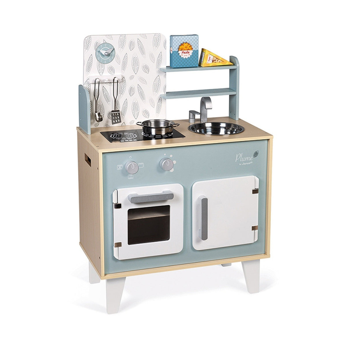 Wooden Play Kitchen Janod Plume Blue Grey Cooker Five Accessories Ages 3-6 Years