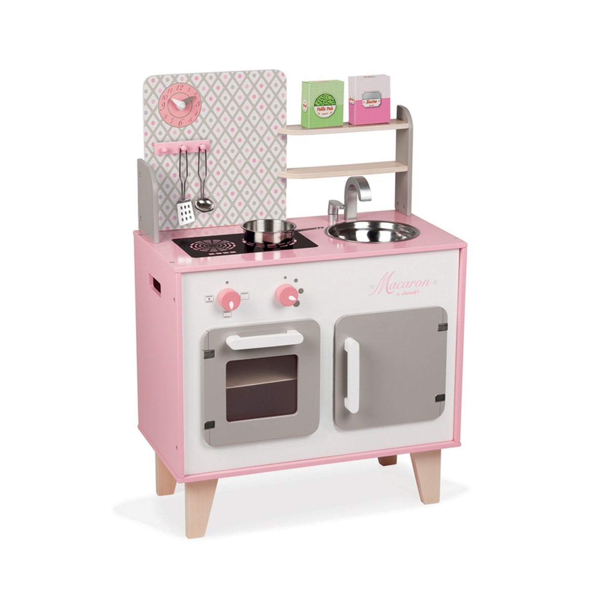 Wooden Toy Kitchen Janod Macaron Pink Cooker Oven Sink Clock Five Accessories 3+