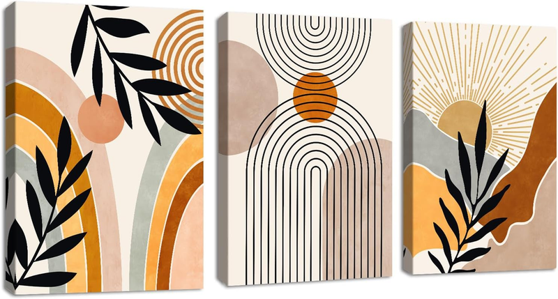 3 Piece Boho Wall Art Orange Botanical Sun Canvas Prints 50x70cm Framed Decor