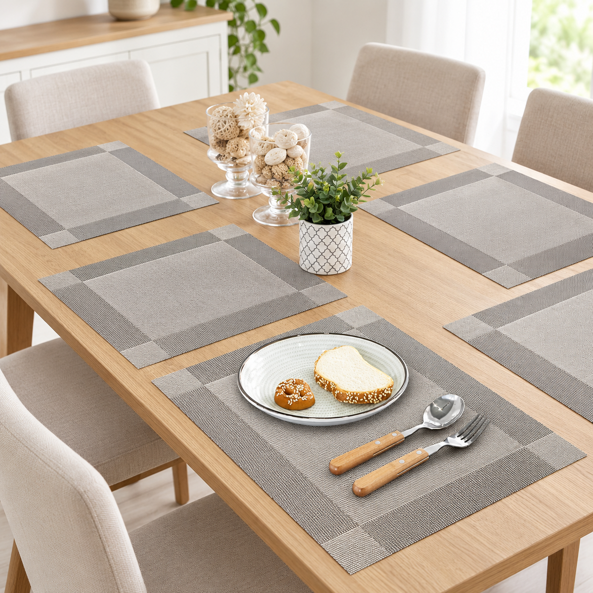 6Pcs Grey PVC Placemats Non Slip Washable Heat Resistant Woven Dining Table Mats