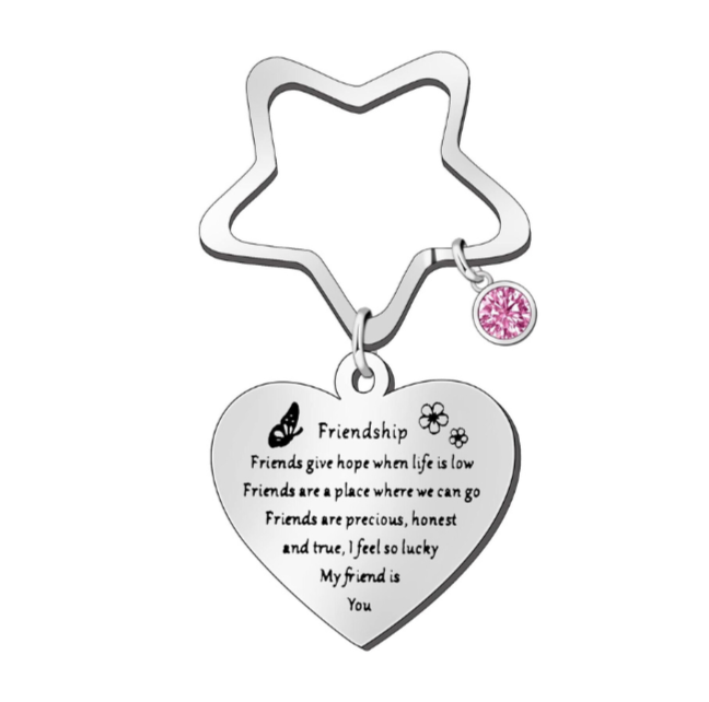 Friendship Keyring Stainless Steel Star Heart Pink Charm Best Friend Gift Silver