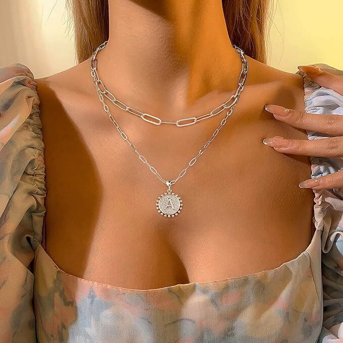 Layered Initial Necklace Women Silver Plated Paperclip Link Pendant 2Pc Gift Set