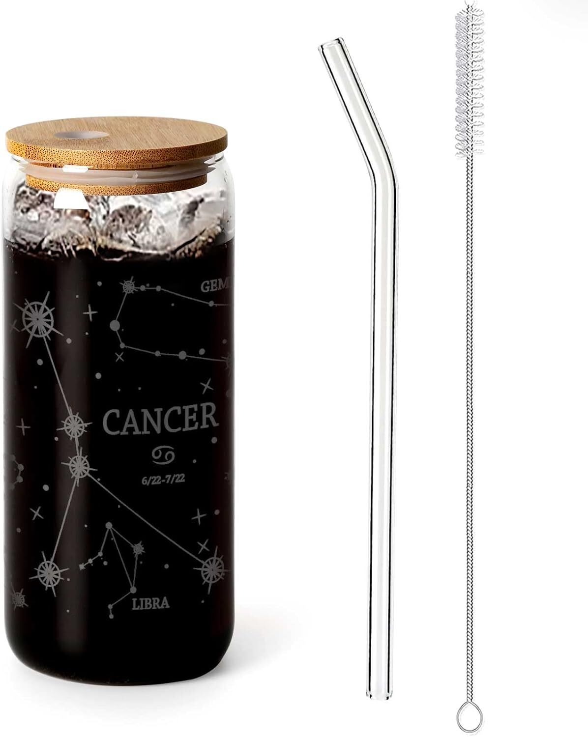 Cancer Zodiac Glass Cup 20oz Iced Coffee Mug Bamboo Lid Straw Astrology Gift Set