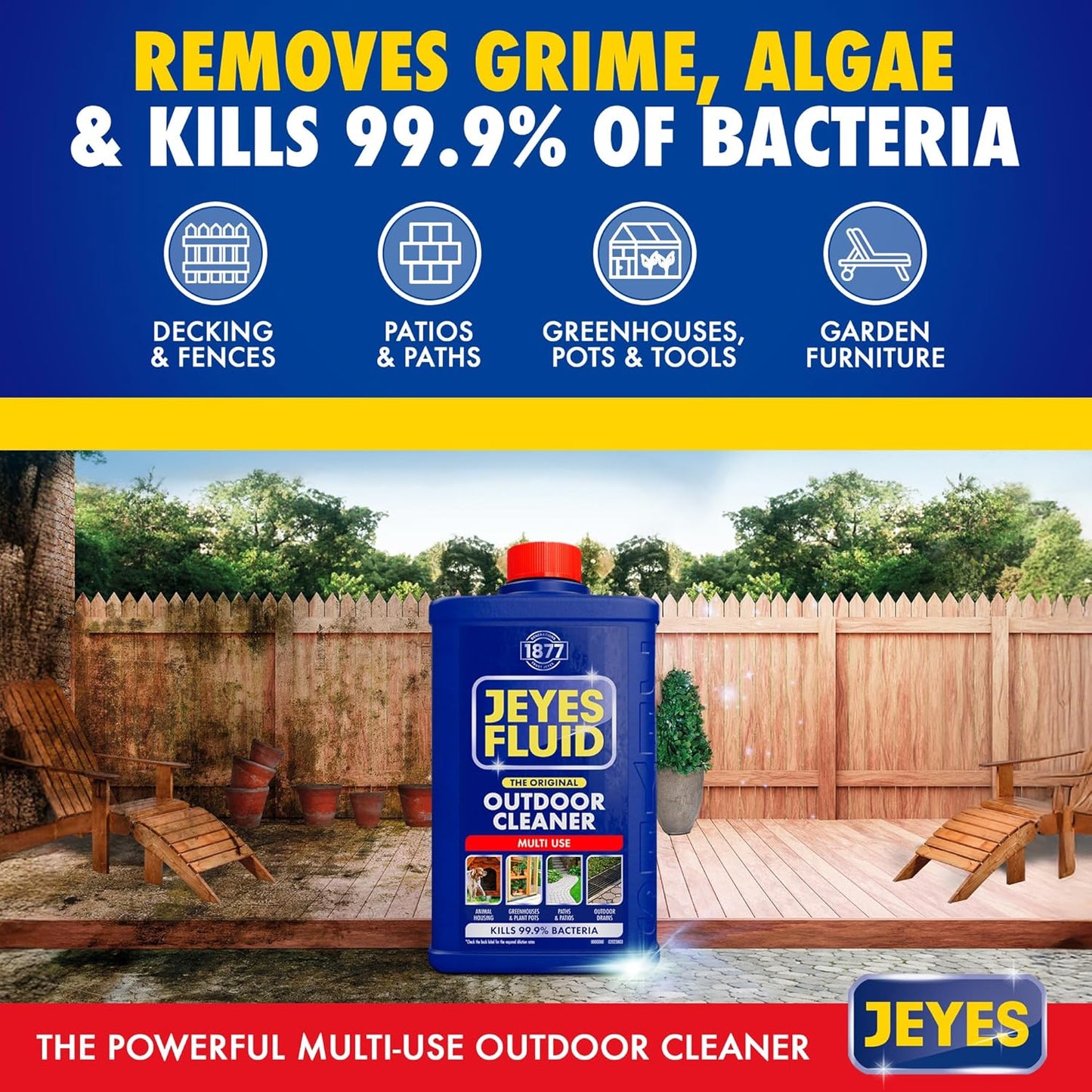 Jeyes Fluid Outdoor Cleaner & Disinfectant for Paths, Patios, Driveways, Pet Housing & Unblocking Drains, 1 Litre