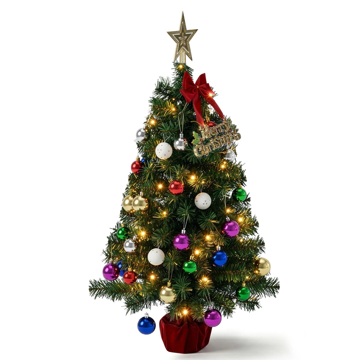 3FT Pre-Lit Artificial Christmas Tree, Green PVC Mini Xmas Tree with 50 Warm White LED Lights (8 Modes), 120 Branch Tips, Tree Topper Star, Bow & Letter Sign Decorations, Red Cloth Wrapped Base, Battery Operated