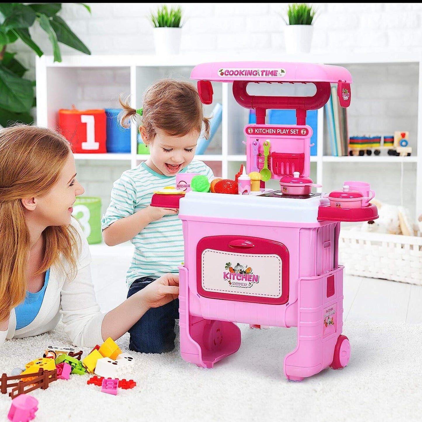 Kids Kitchen Play Set Convertible Role Pretend Trolley Case Wheels 2-in-1 Toy