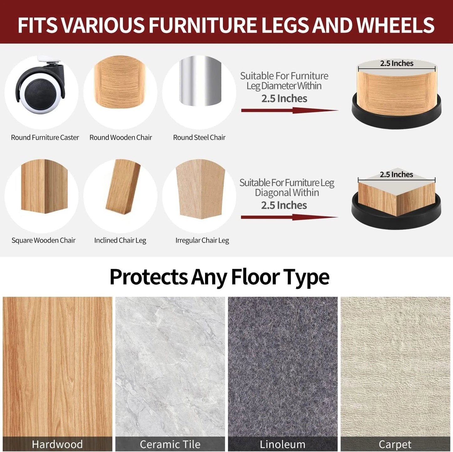 2.5'' Furniture Coasters & Felt Sliders Set, Non-Slip Pads for Hardwood Floors