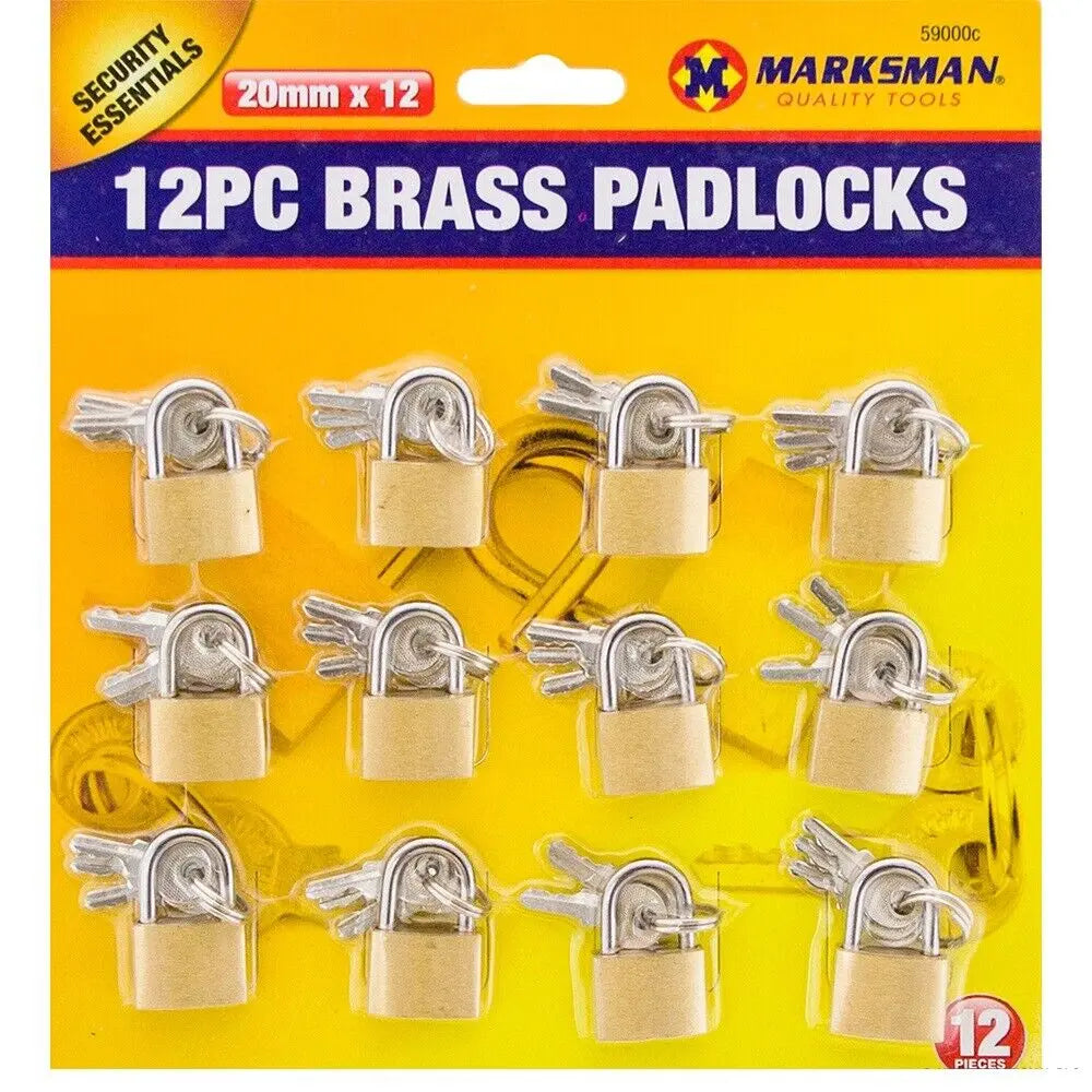 12Pc Marksman 20mm Strong Brass Security Padlock with 3 Keys Deal For Any Occasion