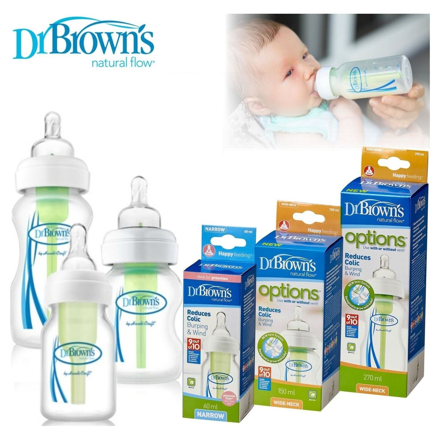 Dr Browns Options+ Baby Feeding Milk Glass Bottles Natural Flow Anti Colic