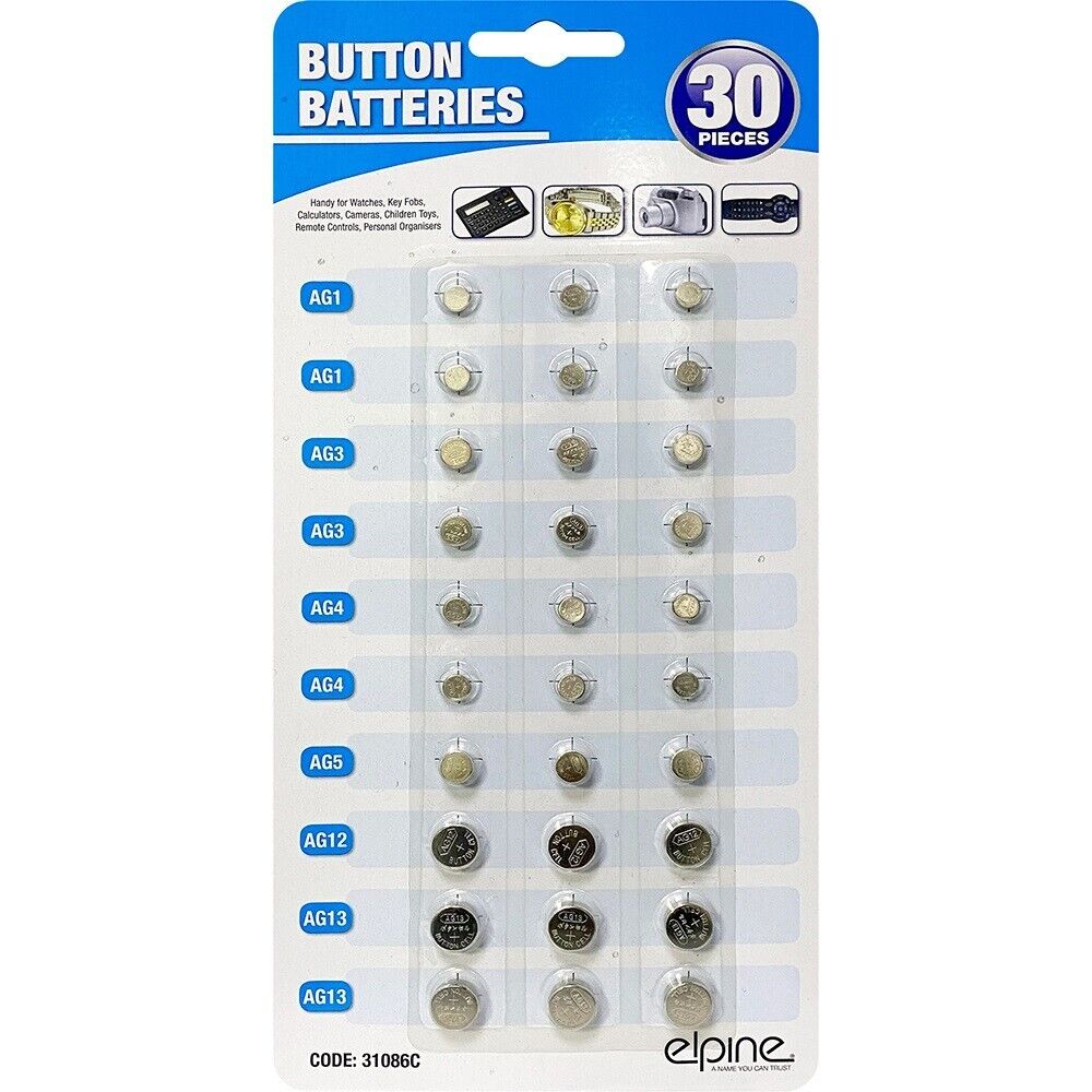 30Pk Watch Batteries Button Coin Cell Lithium AG1/AG3/AG4/AG5/AG12/AG13