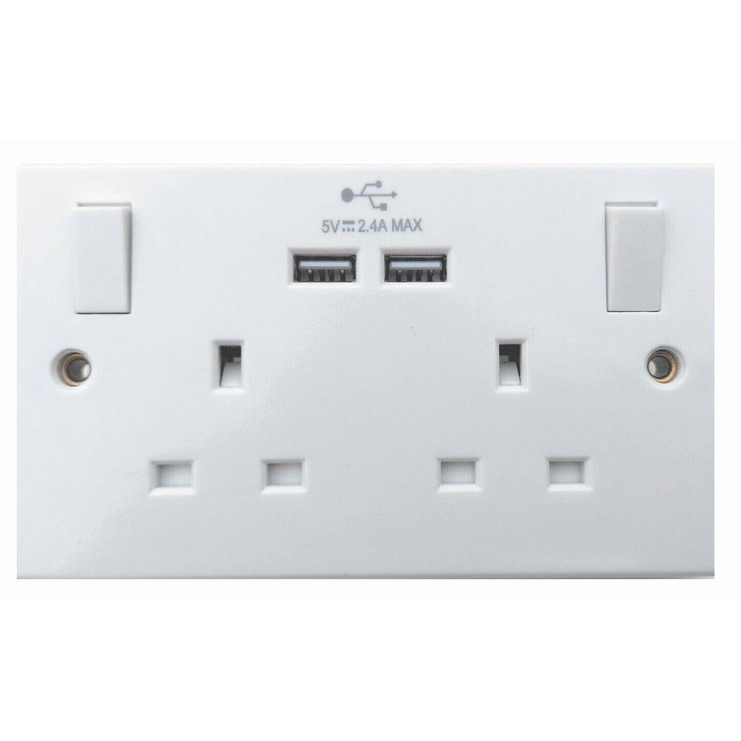 Double Switched Electric Socket Mains Wall USB 2 Gang White Plug Outlet 13AMP