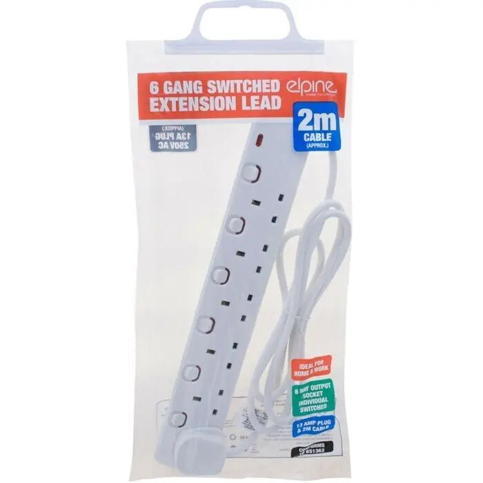 6 Gang Extension Socket Lead Cable Electric 13a Mains Power Adaptor Switch 2m Deal For Any Occasion
