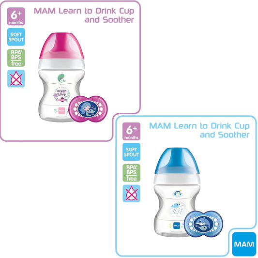 MAM Baby Boys Girl Learn to Drink Cup multicolour 190ml with Handles and Soother